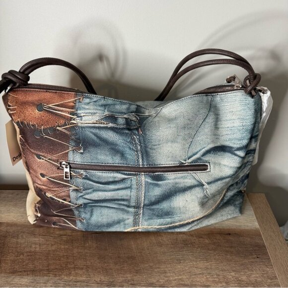 DESIGUAL New Camouflage Leiria Oversized Large Shoulder Bag Canvas Denim Print - Picture 10 of 11